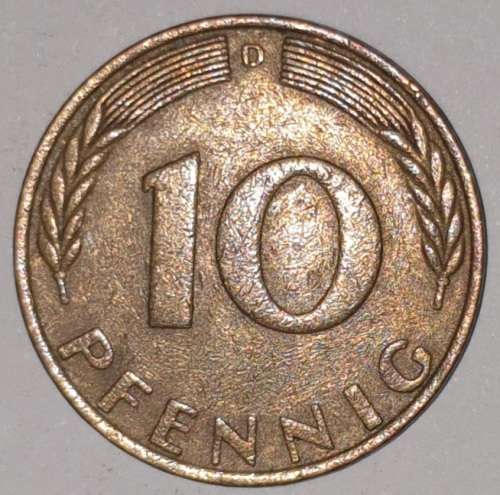 1969 D - 10 PFENNIG - TEN PFENNIG - GERMANY - FEDERAL REPUBLIC - (Brass Clad Steel) KM# 108